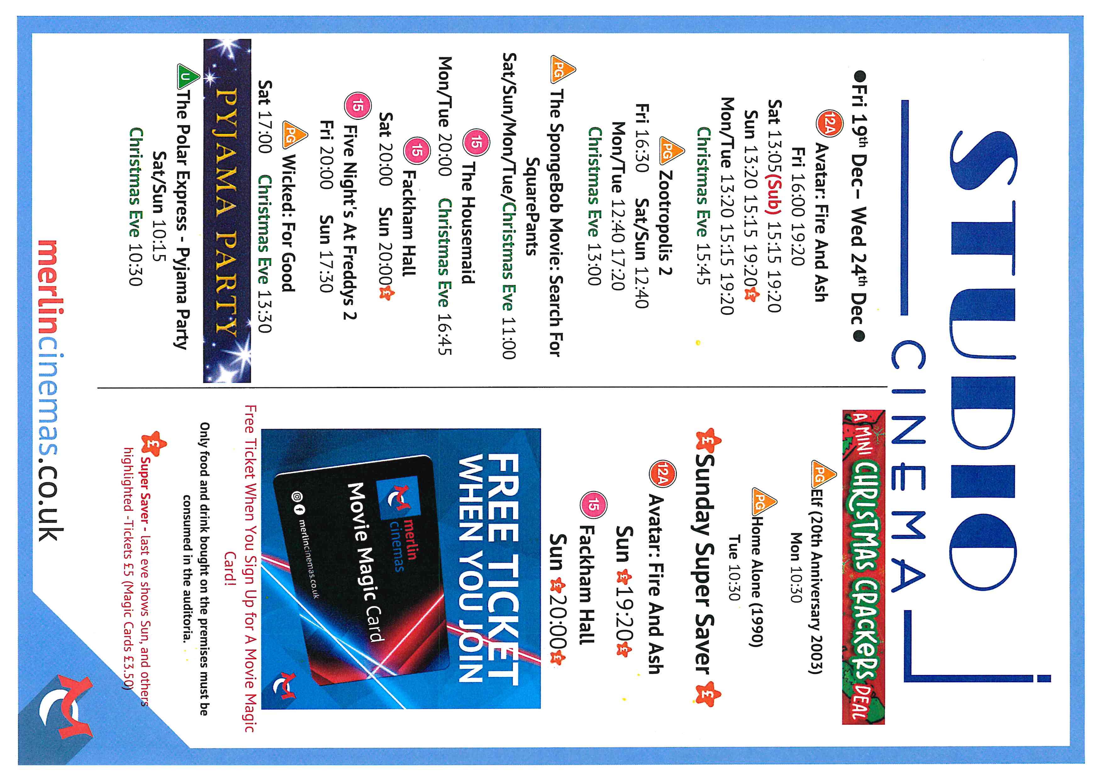 Studio Cinema Listings Fri 19th Dec - Thur 24th Dec